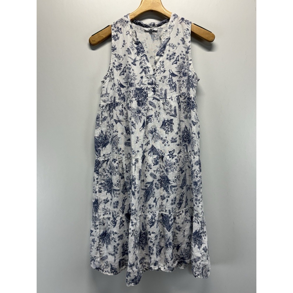Rosemarine Linen Tiered Dress Womens XS Blue White Botanical Toile Birds Coastal